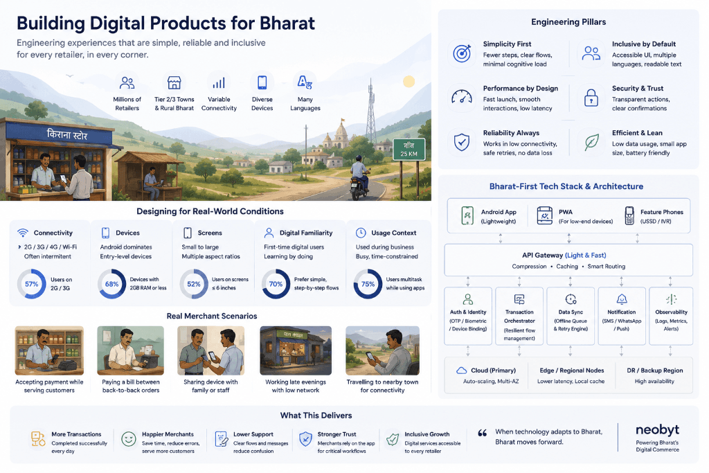 Infographic showing Bharat-first product engineering conditions, design principles, merchant scenarios, and a conceptual technology architecture.
