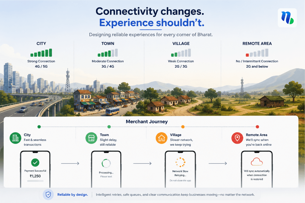 Illustration of a merchant journey from cities to remote areas showing how transaction experiences adapt to changing network connectivity.